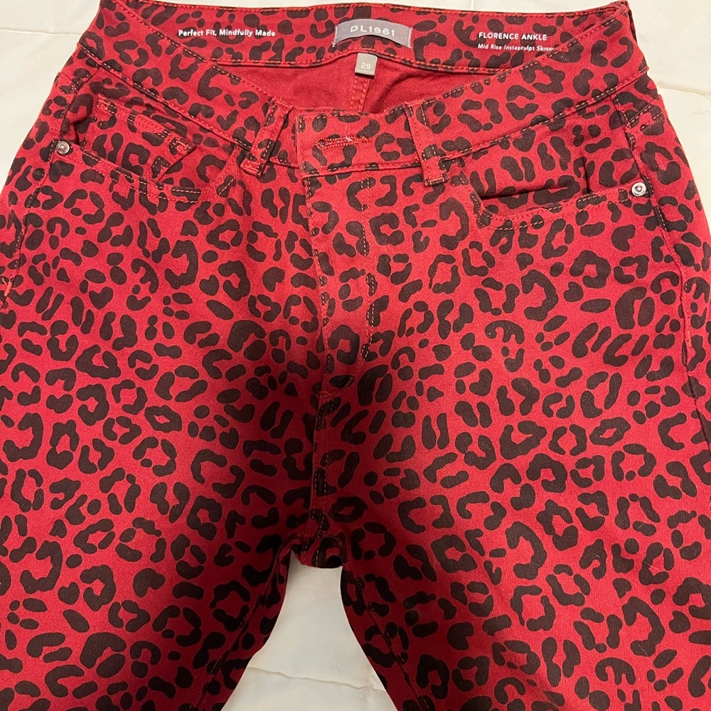 DL1961 red leopard stringy leg jeans